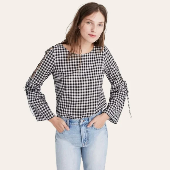 Madewell Gingham Lace-Up Black & White Plaid Bell Sleeve Top - Picture 5 of 9